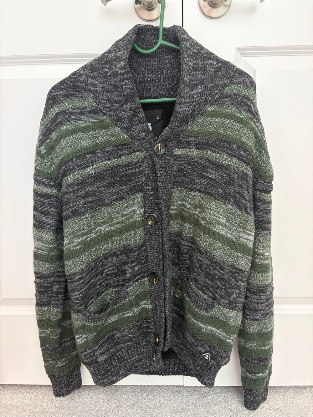 American Stitch Men's Shawl Collar Cardigan - Gray & Green Striped